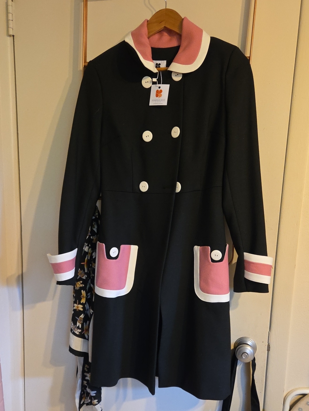Marmalade Shop Mod Black Coat with Pink Trim - Vintage-Inspired